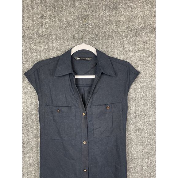 Zara Linen Navy Blue Sleeveless Button-down Maxi Shirt Dress Size XS - Picture 3 of 15